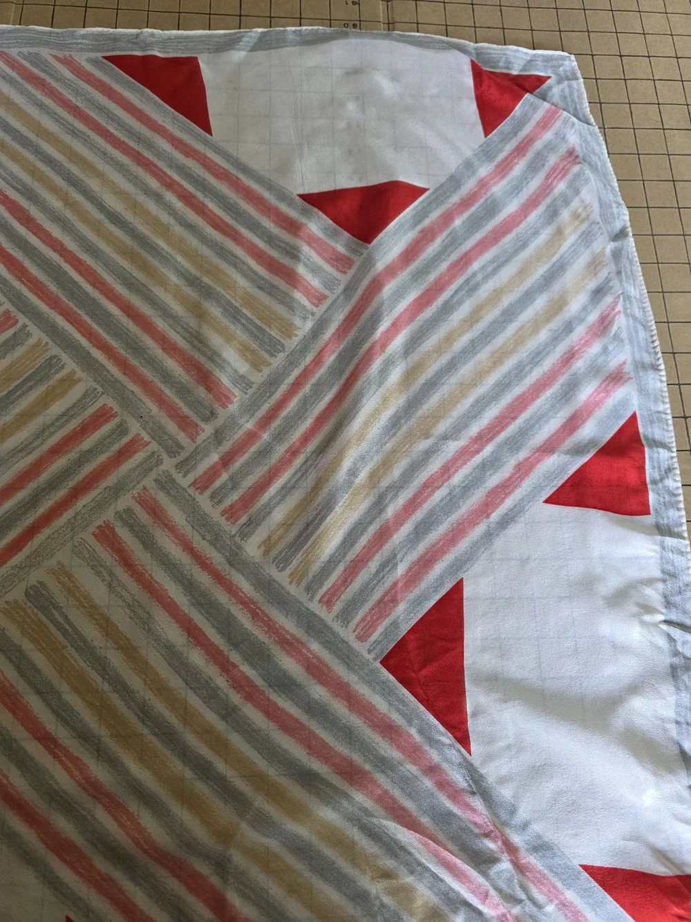 Vintage Vana Silk Scarf  Red Gray Beige Geometric Square Hand Rolled Hem Mod